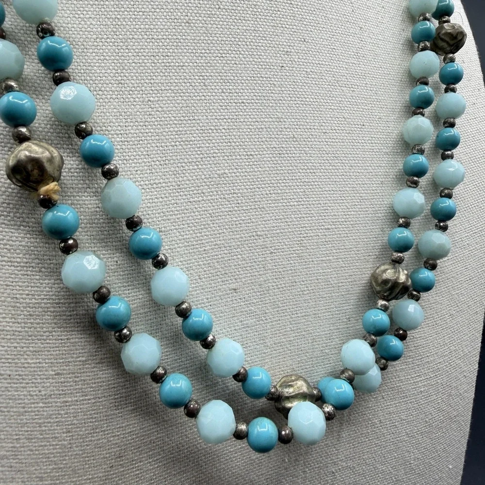 Turquoise & Silver Tone Blue Beaded Double Strand Necklace Faceted Boho Jewelry